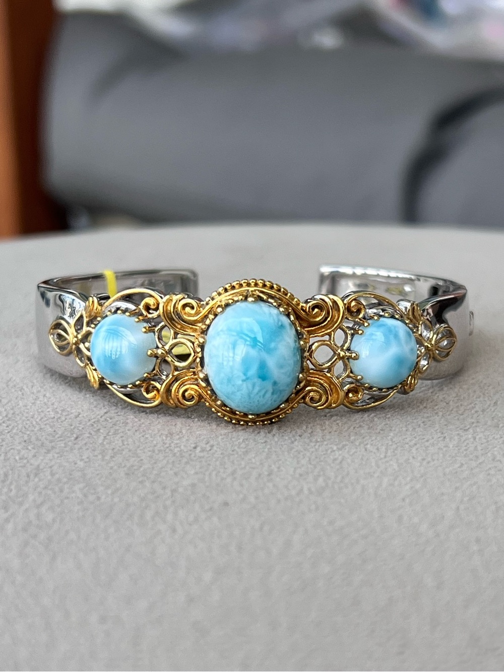 Sterling Silver And Gold Over Filigree Larimar  Hinged Cuff Bracelet